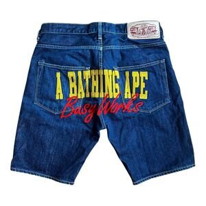 M 32 Waist Bape Jean Shorts Busy Works Embroidered
